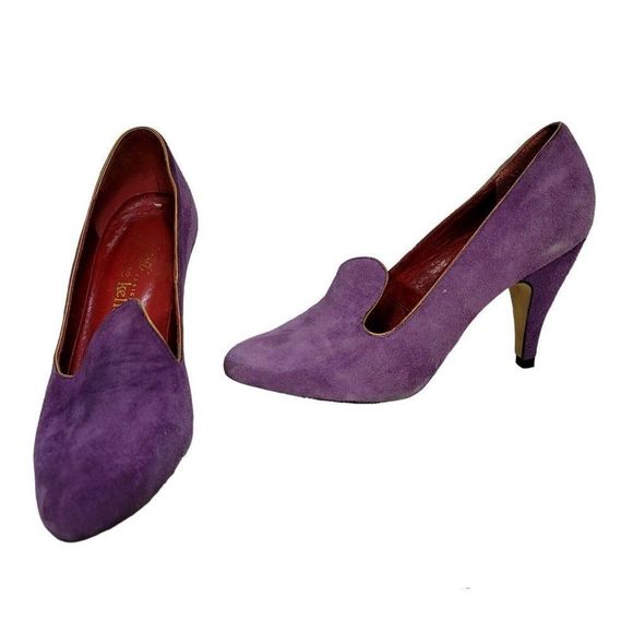 Vintage 9West by Stephane‎ Kelian 6.5 Lianna Lilac Suede Loafer Heels Witchy - Picture 1 of 10